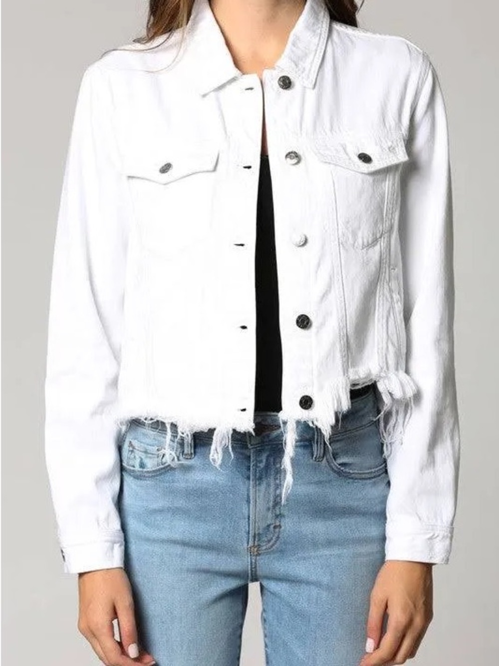 White Distressed Cropped Denim Jacket - Women